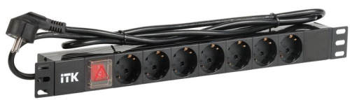 ITK PDU 7 розеток DIN49440 (нем. станд.) с LED выключателем, 1U, шнур 2м вилка DIN49441 (нем. станд.), профиль из ПВХ, черный