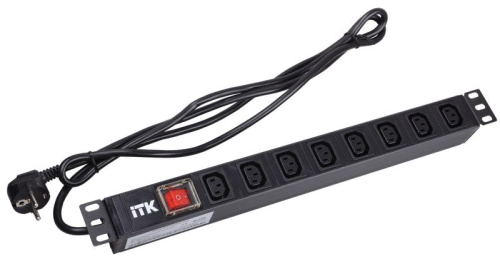 ITK PDU 8 розеток C13 с LED выключателем,1U, шнур 2м вилка нем.стандарт